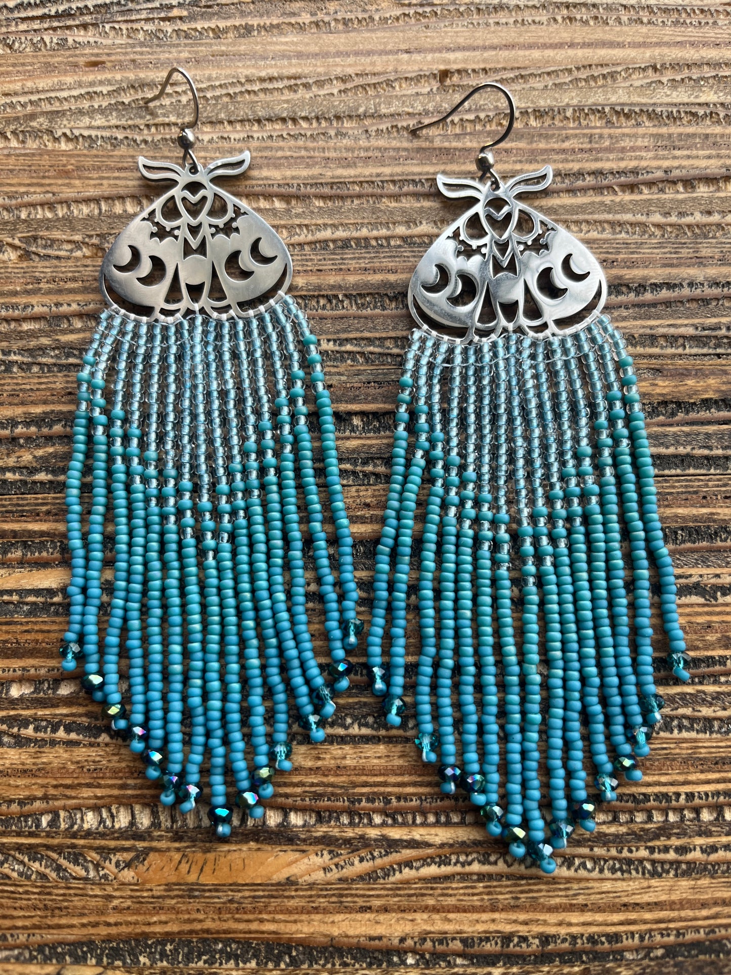 Blue Moth Ombre Long Fringe Earrings
