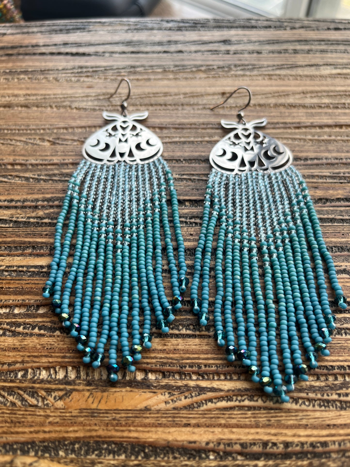 Blue Moth Ombre Long Fringe Earrings