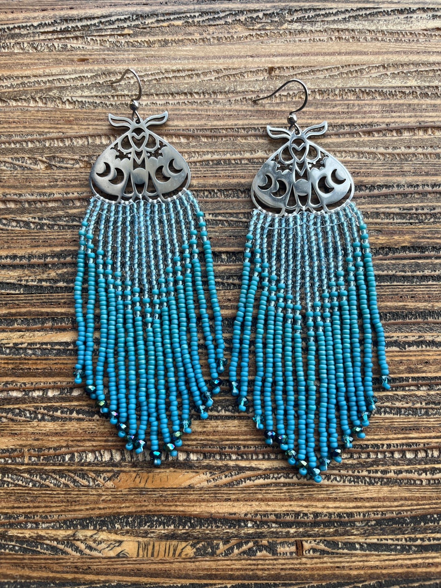 Blue Moth Ombre Long Fringe Earrings