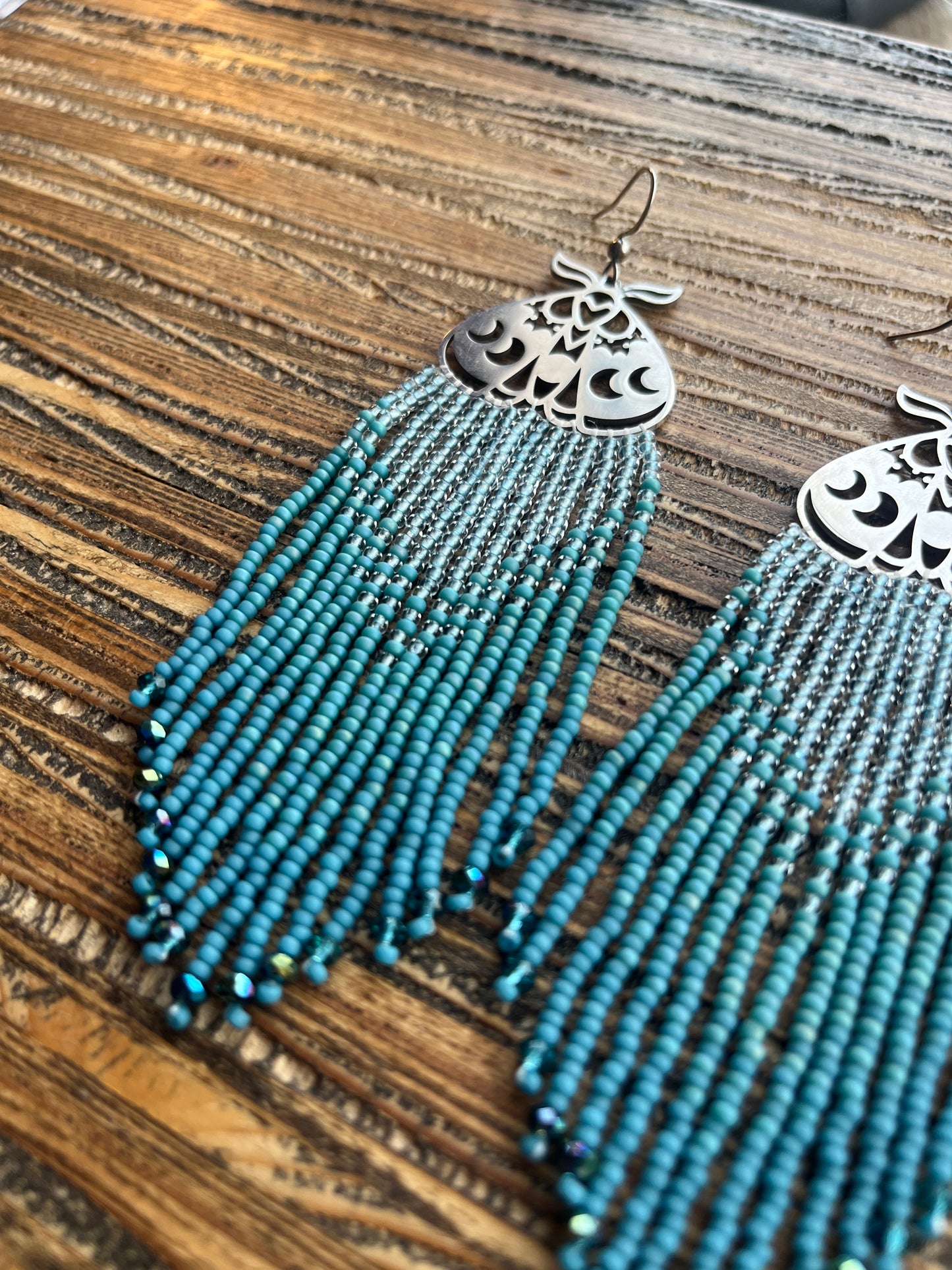 Blue Moth Ombre Long Fringe Earrings