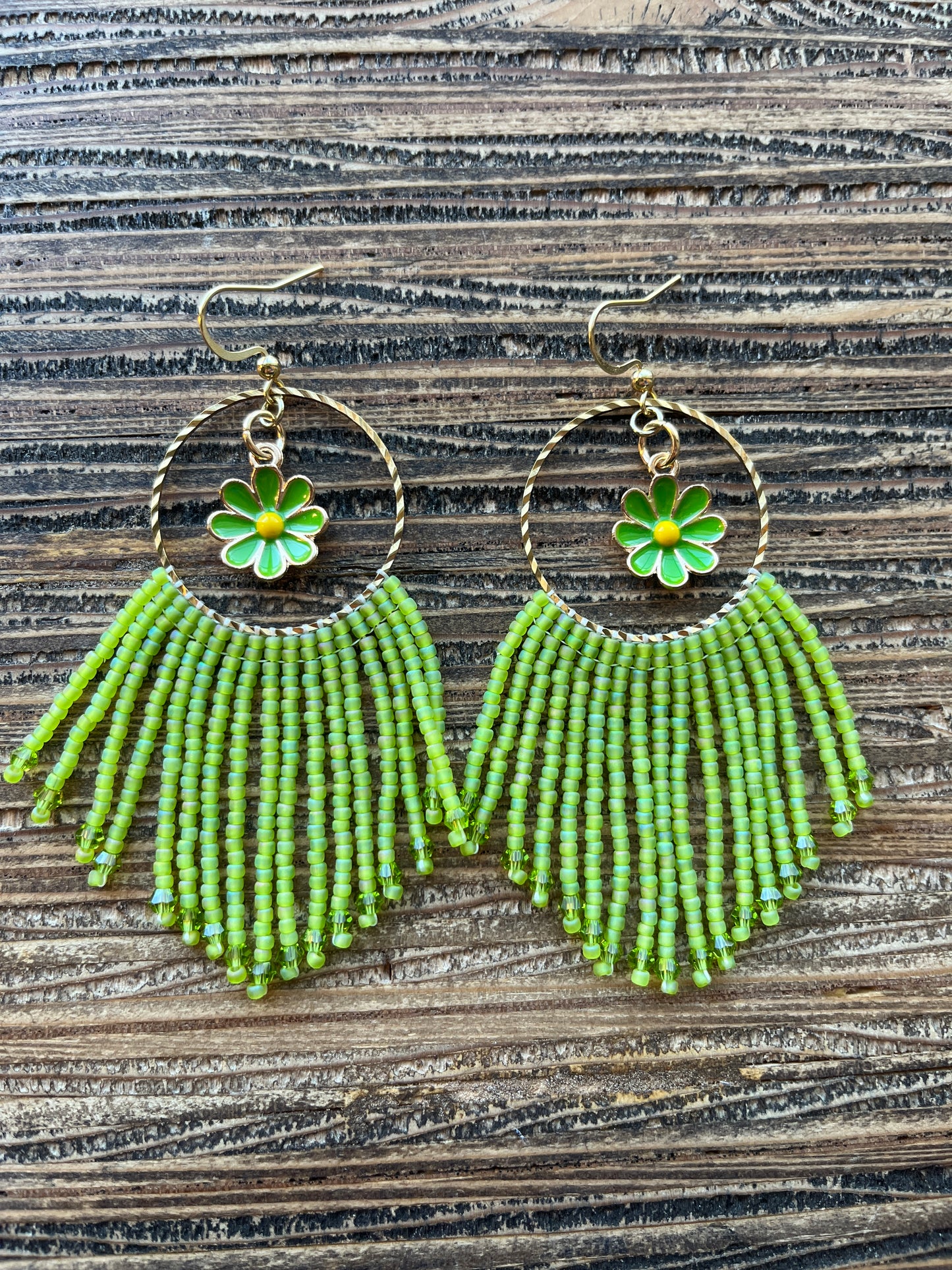 Green Flower Charm Hoop Fringe Earrings