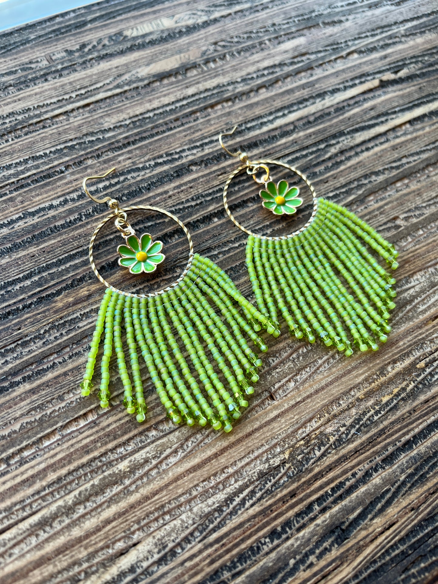 Green Flower Charm Hoop Fringe Earrings
