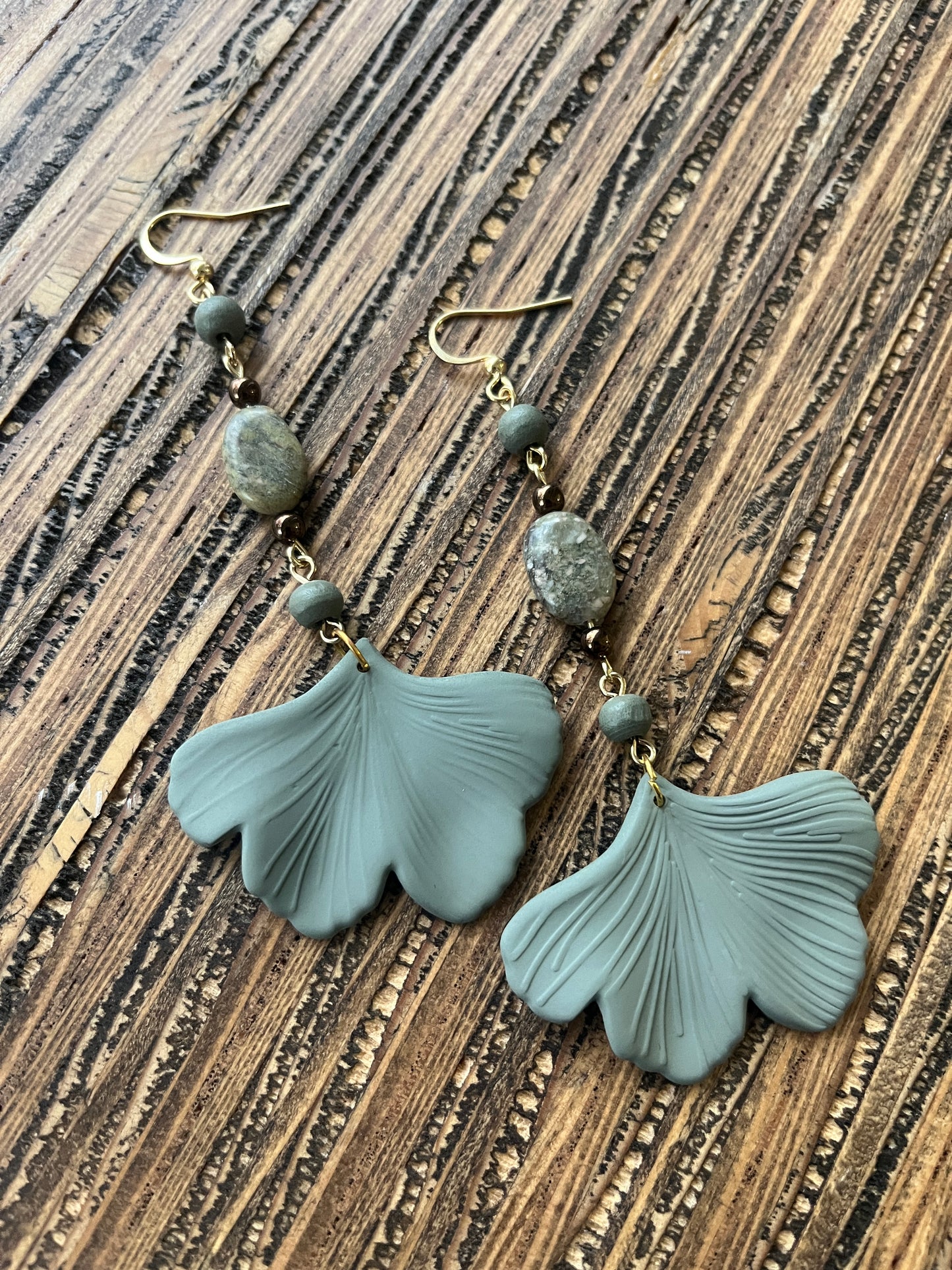 Olive Green Ginkgo Petal Drop Earrings