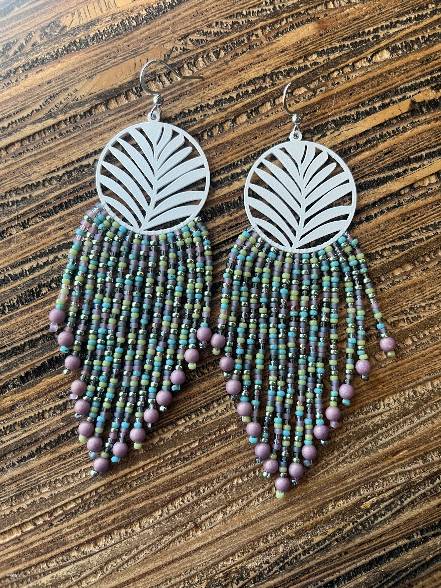 Palm Leaf White Long Fringe Earrings