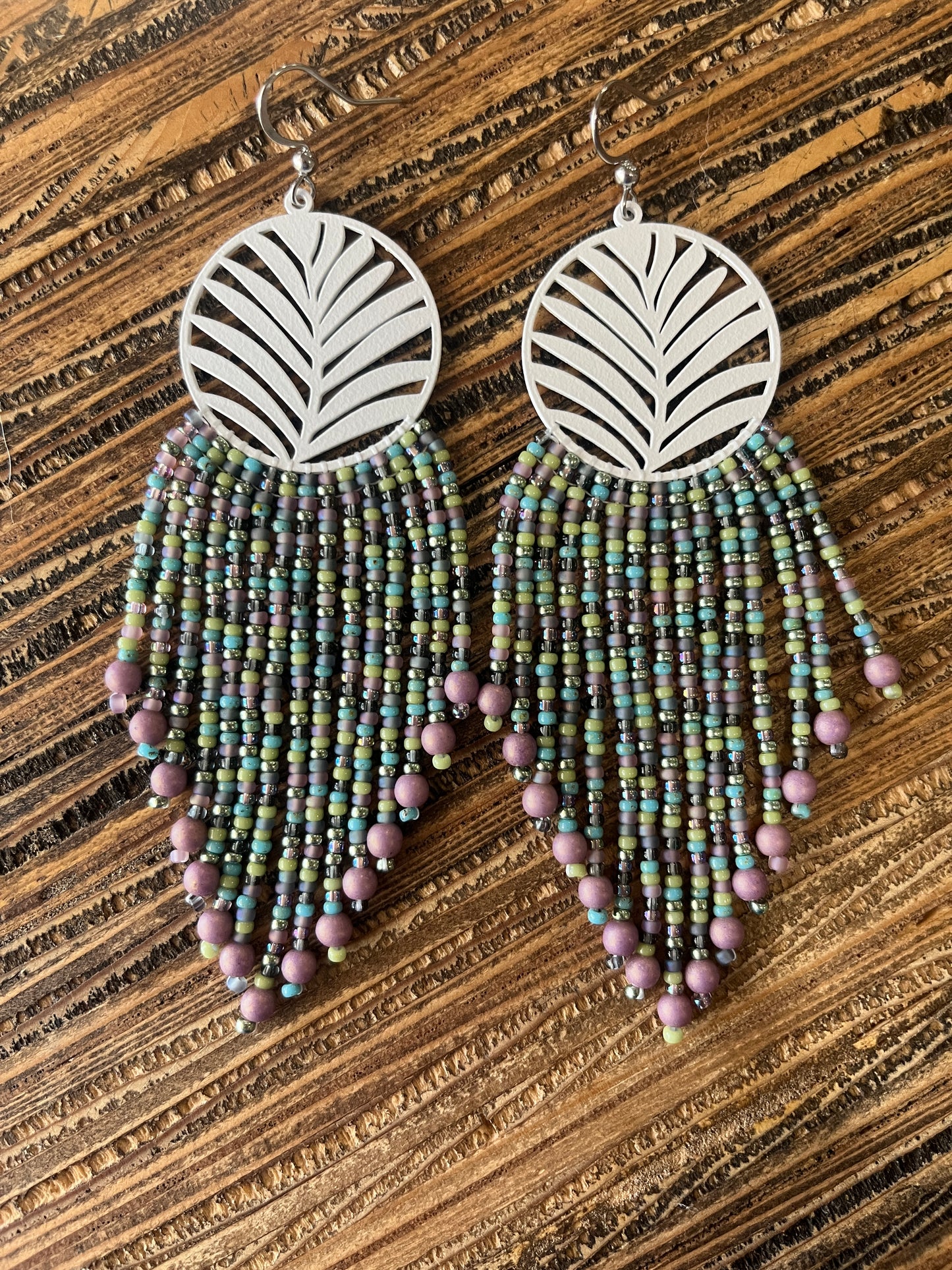 Palm Leaf White Long Fringe Earrings