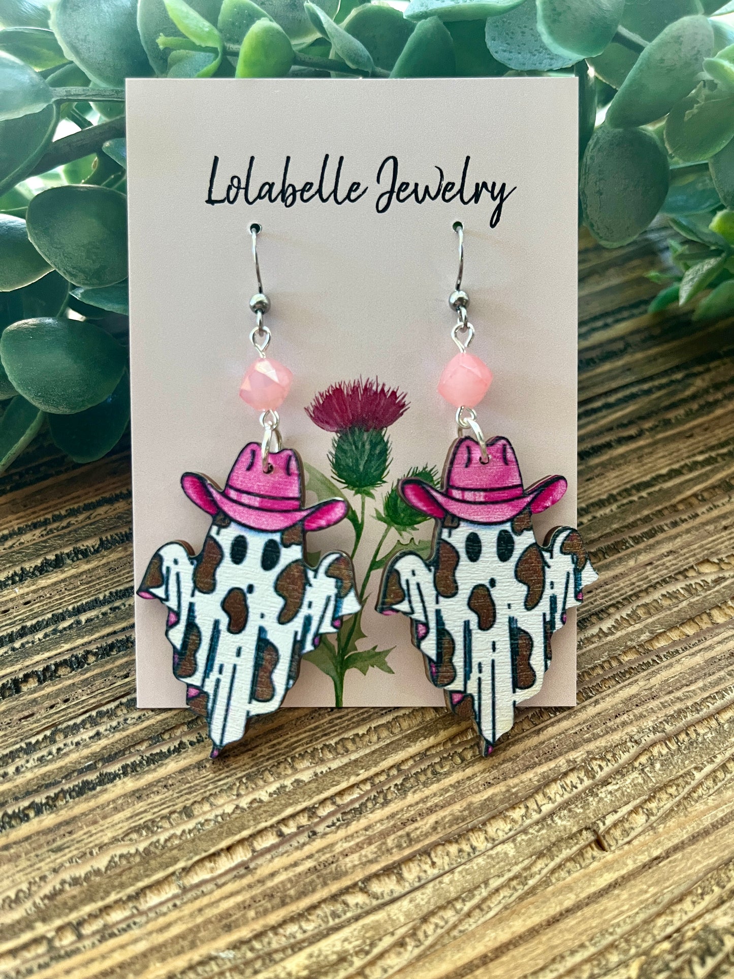 Pink Cowgirl Western Wood Ghost Earrings