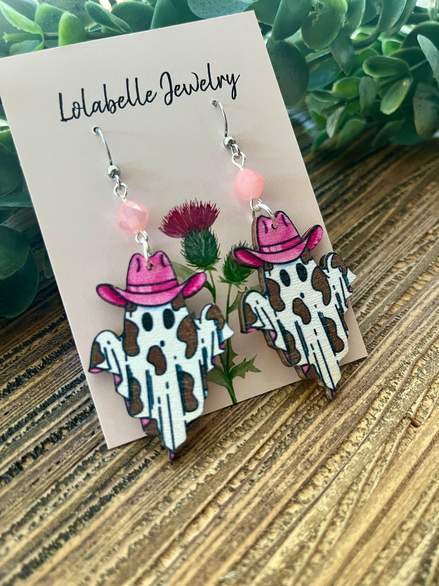 Pink Cowgirl Western Wood Ghost Earrings