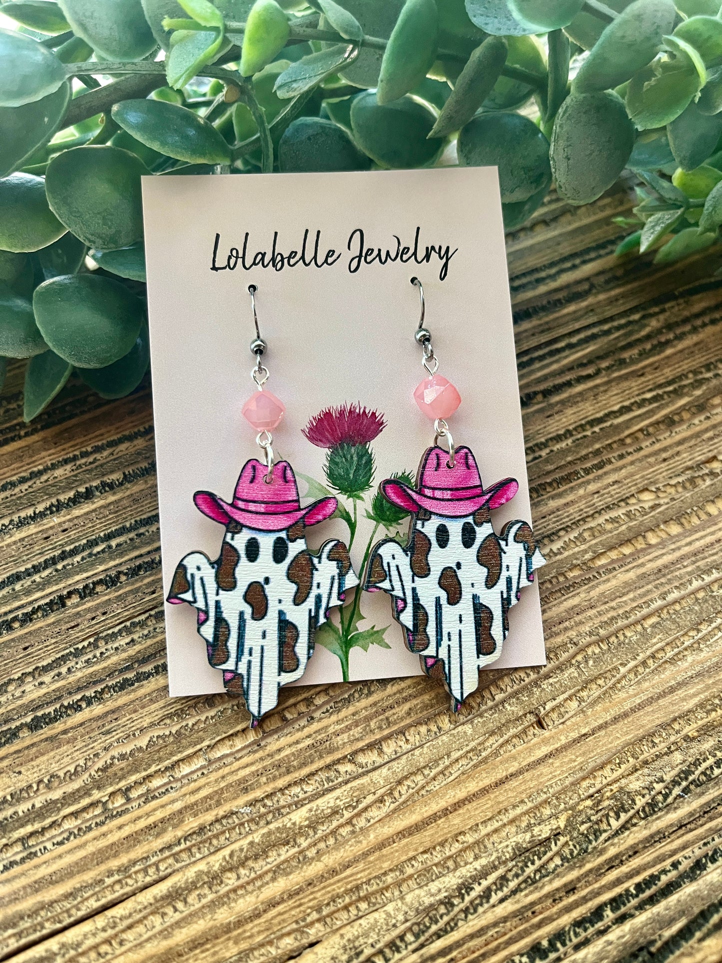 Pink Cowgirl Western Wood Ghost Earrings