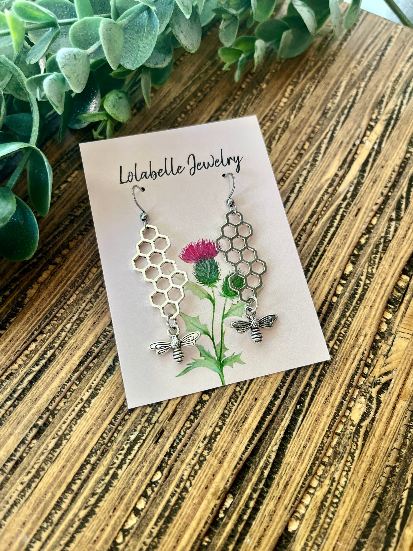 Silver Bee and Honey Comb Charm Earrings