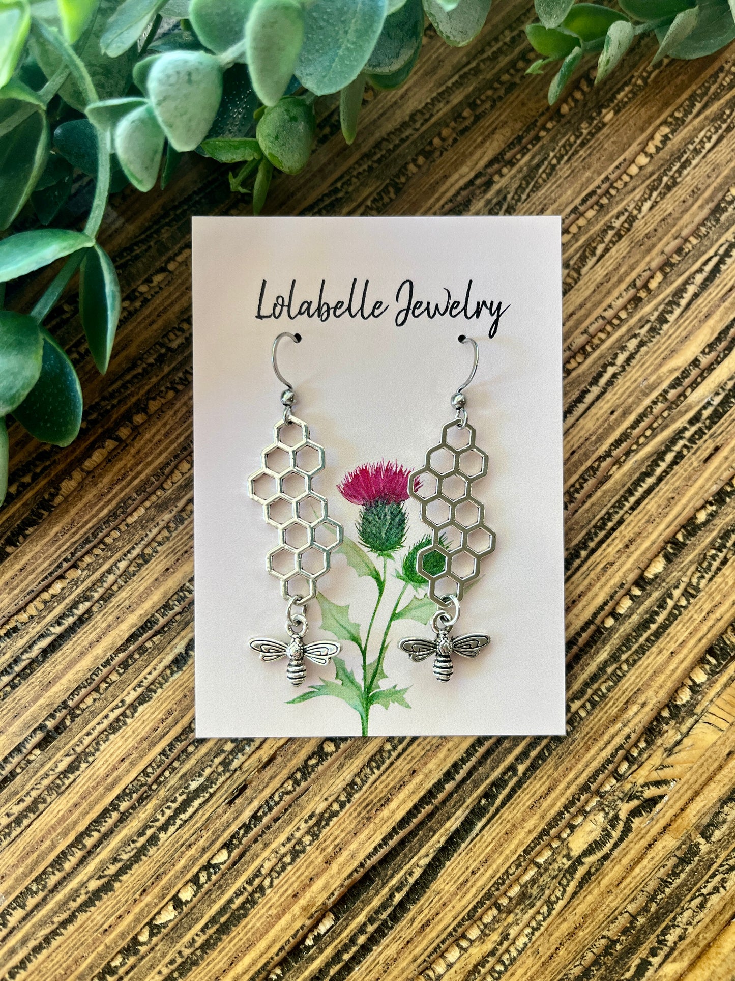 Silver Bee and Honey Comb Charm Earrings