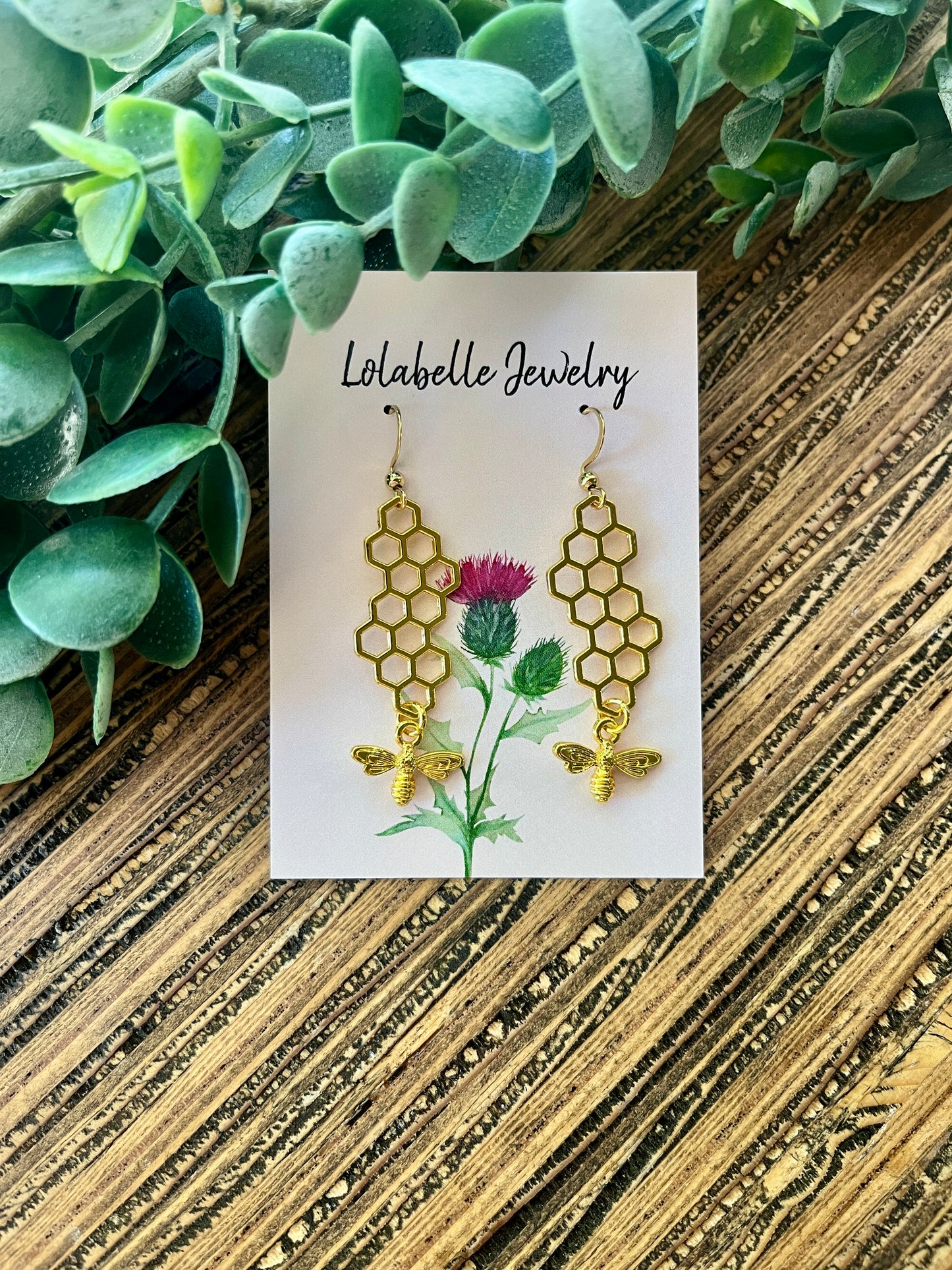 Gold Colored Bee and Honeycomb Charm Earrings
