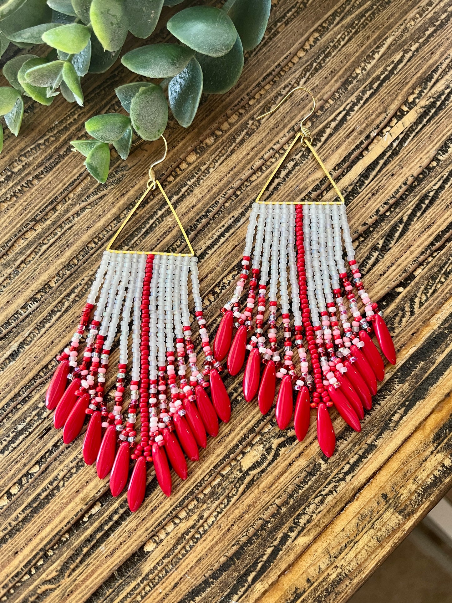 Red Dagger Beaded Triangle Fringe Earrings