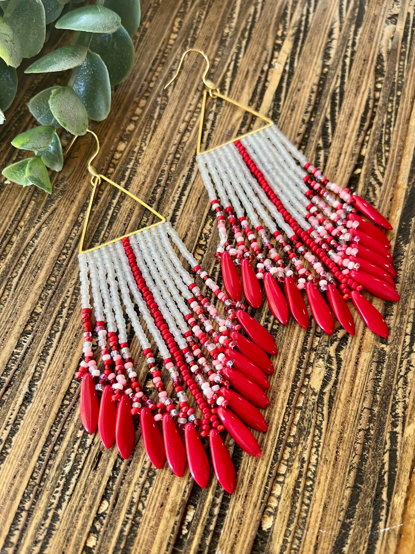 Red Dagger Beaded Triangle Fringe Earrings