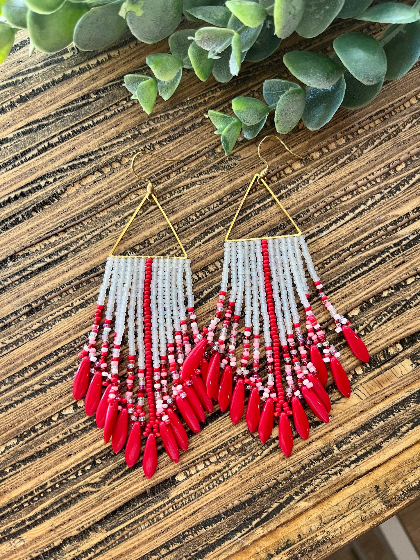 Red Dagger Beaded Triangle Fringe Earrings