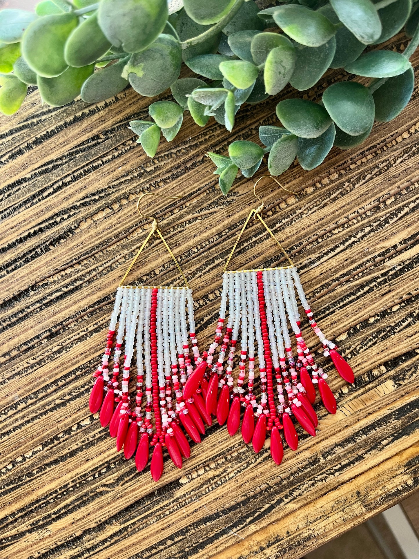 Red Dagger Beaded Triangle Fringe Earrings
