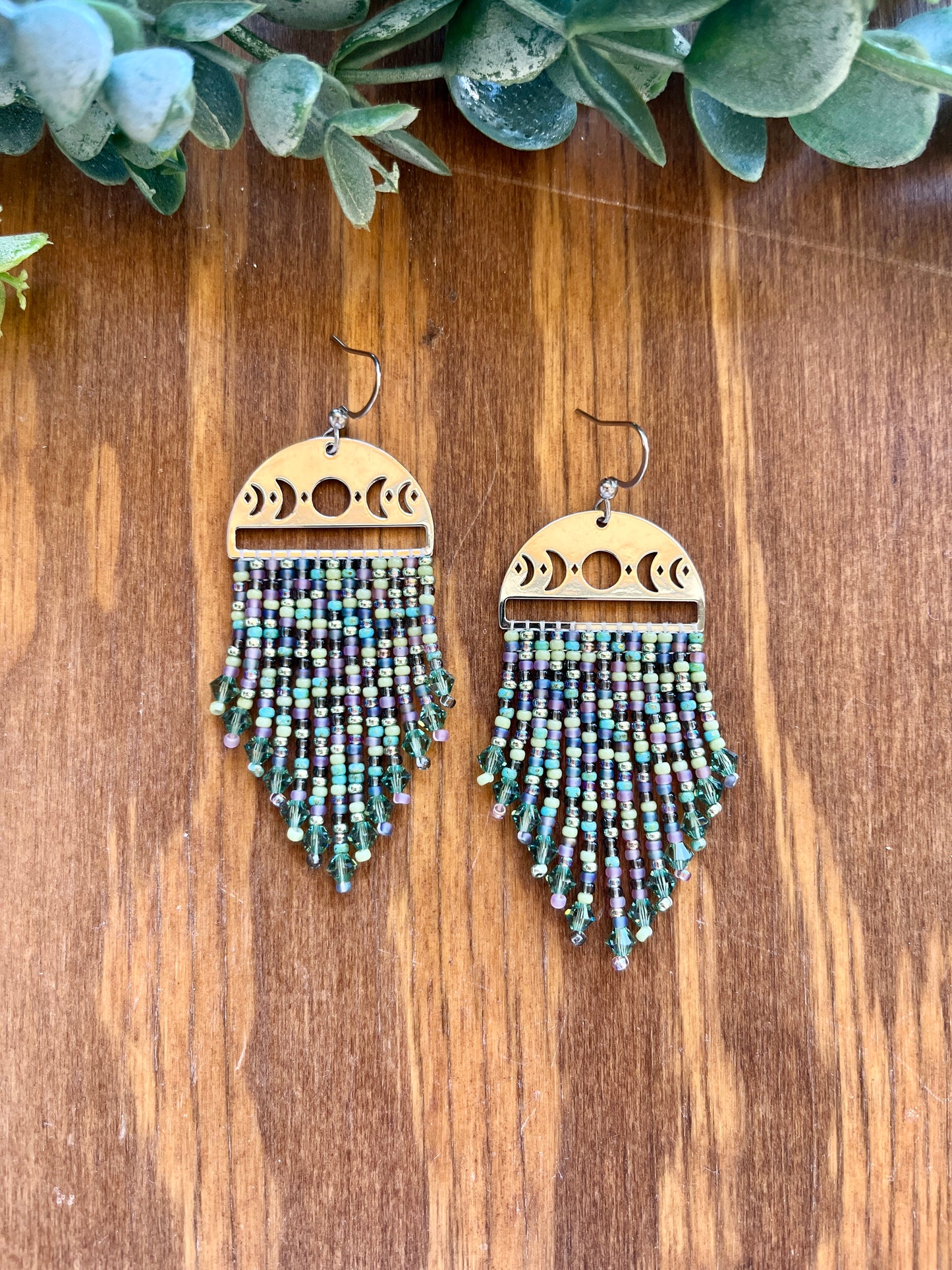Moon Phase Green and Purple Fringe Mix Earrings