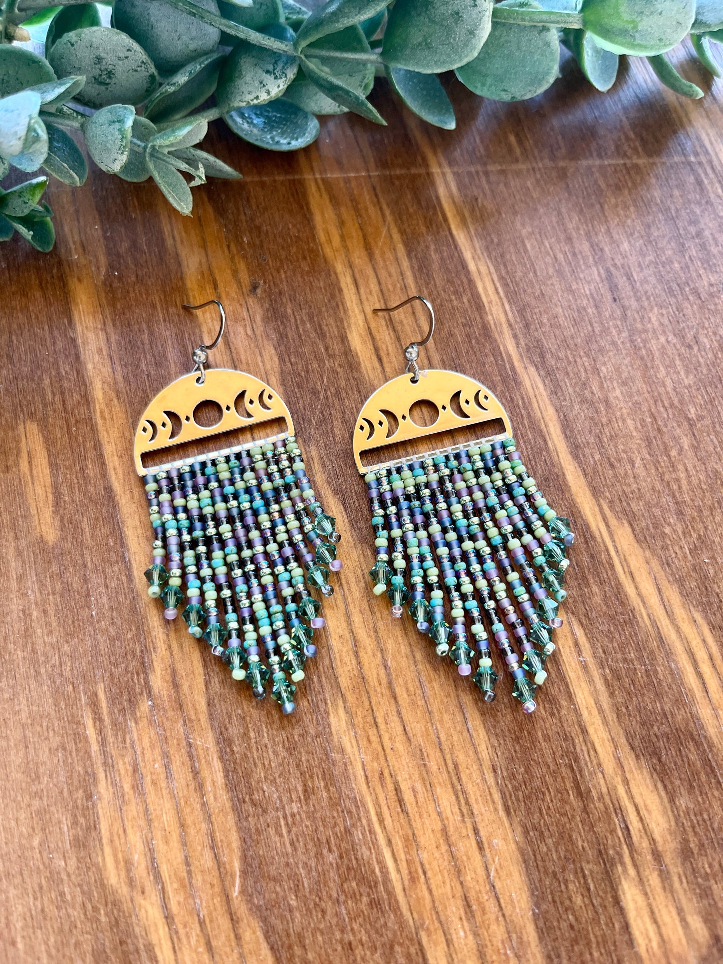 Moon Phase Green and Purple Fringe Mix Earrings