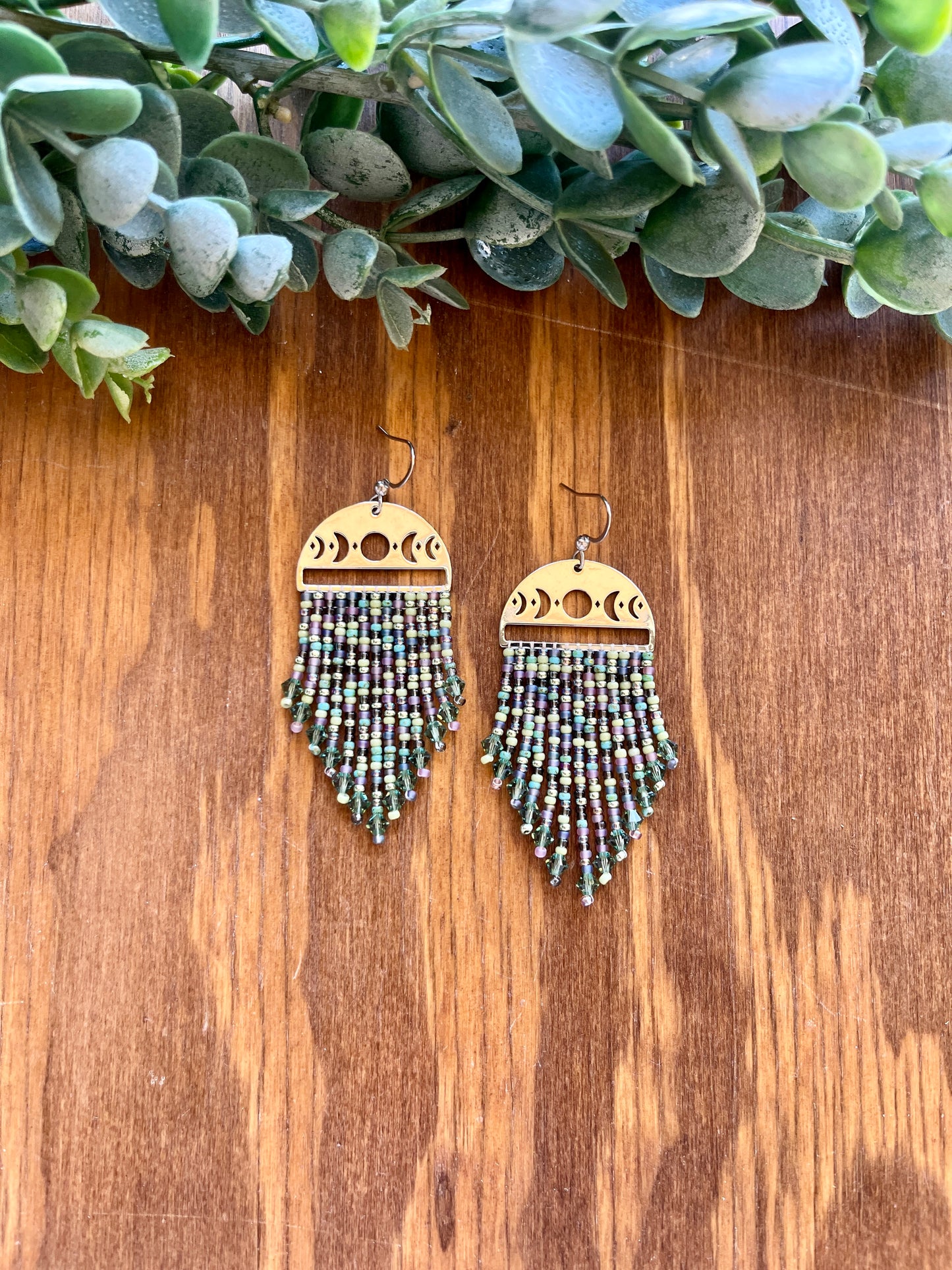Moon Phase Green and Purple Fringe Mix Earrings