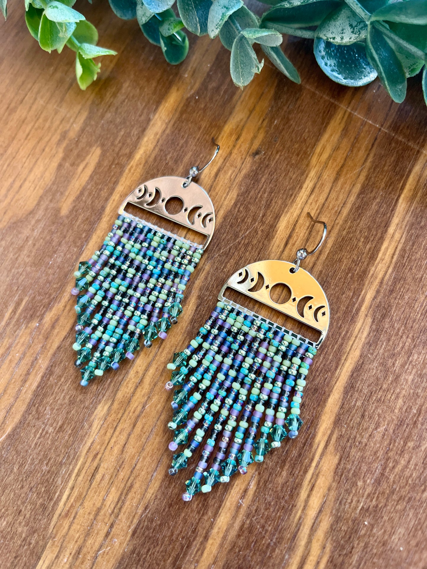 Moon Phase Green and Purple Fringe Mix Earrings