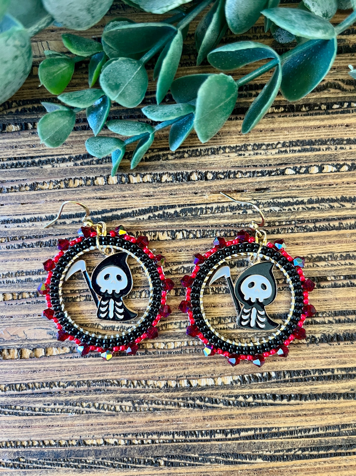 Grim Sparkle Bead Lined Hoop Earrings, Halloween Earrings