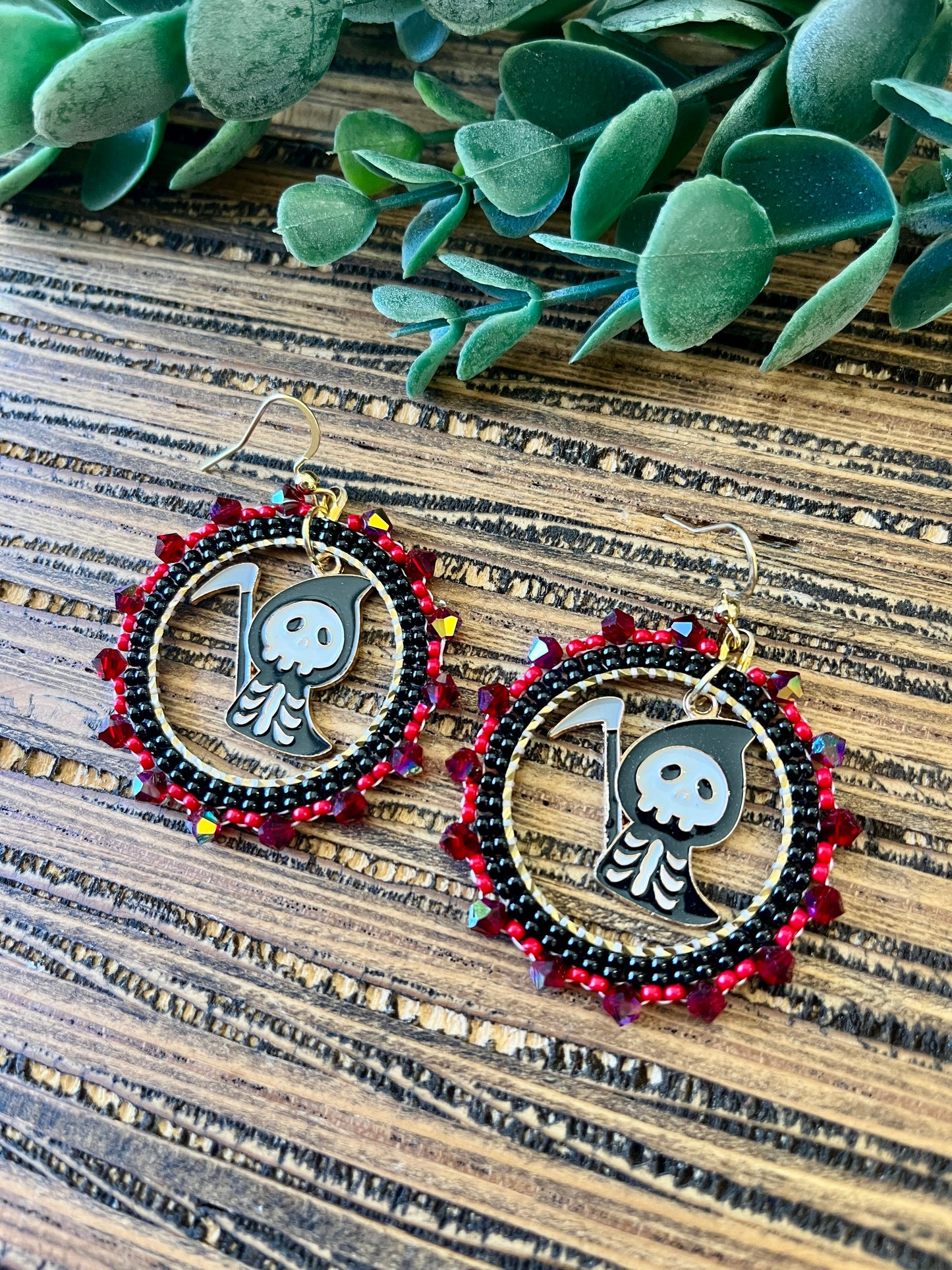 Grim Sparkle Bead Lined Hoop Earrings, Halloween Earrings