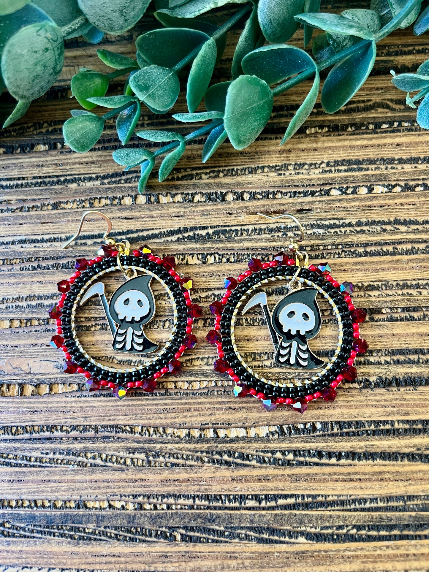 Grim Sparkle Bead Lined Hoop Earrings, Halloween Earrings