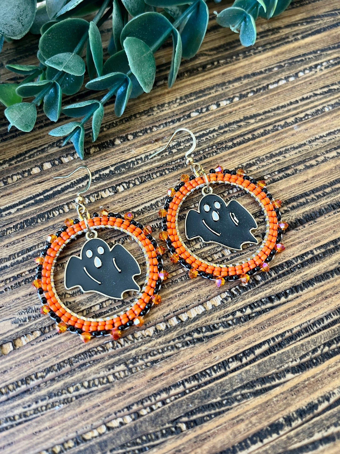 Sparkling Ghost Beaded Hoop Earrings, Halloween Earrings