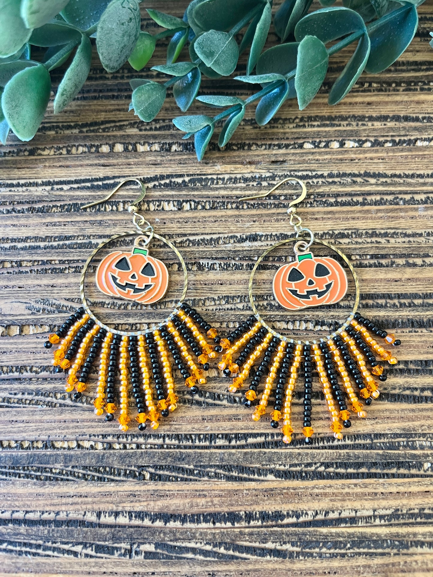 Cute Black and Orange Jack-o-Lantern Fringe Earrings