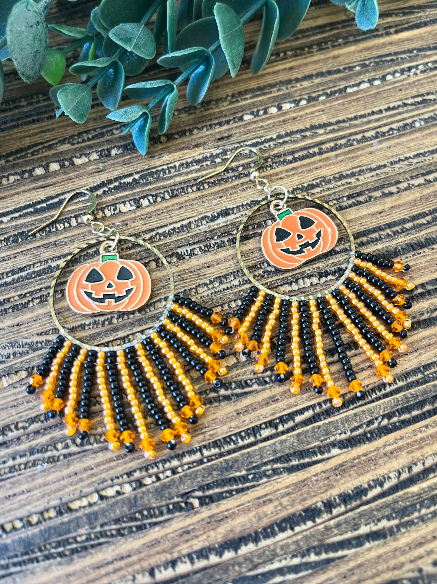 Cute Black and Orange Jack-o-Lantern Fringe Earrings