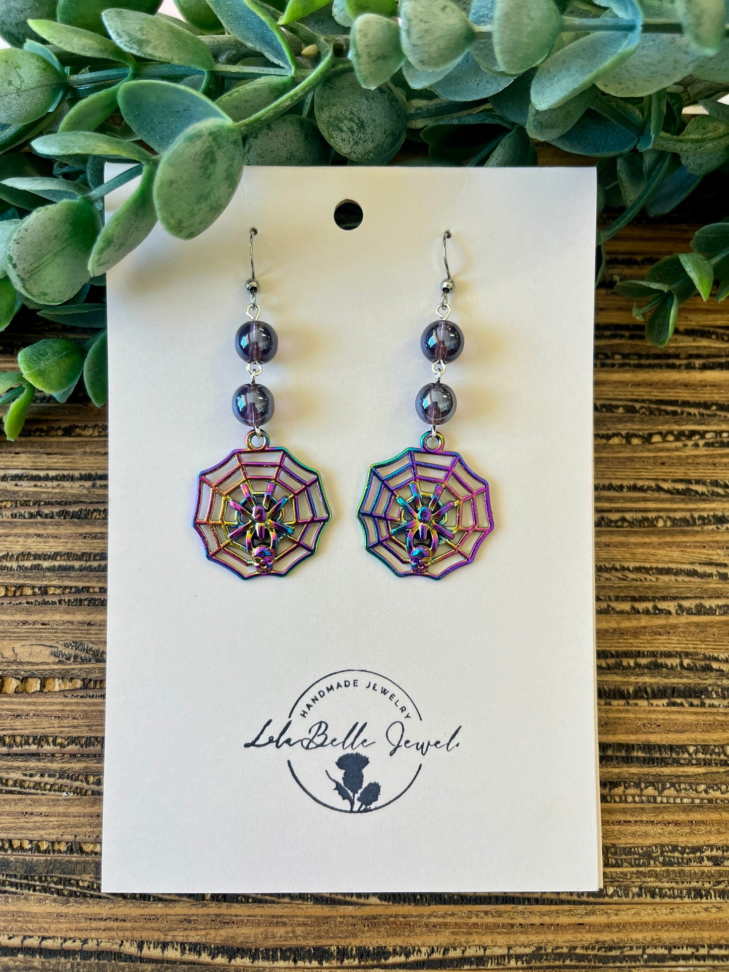 Iridescent Purple Spider Web Drop Earrings