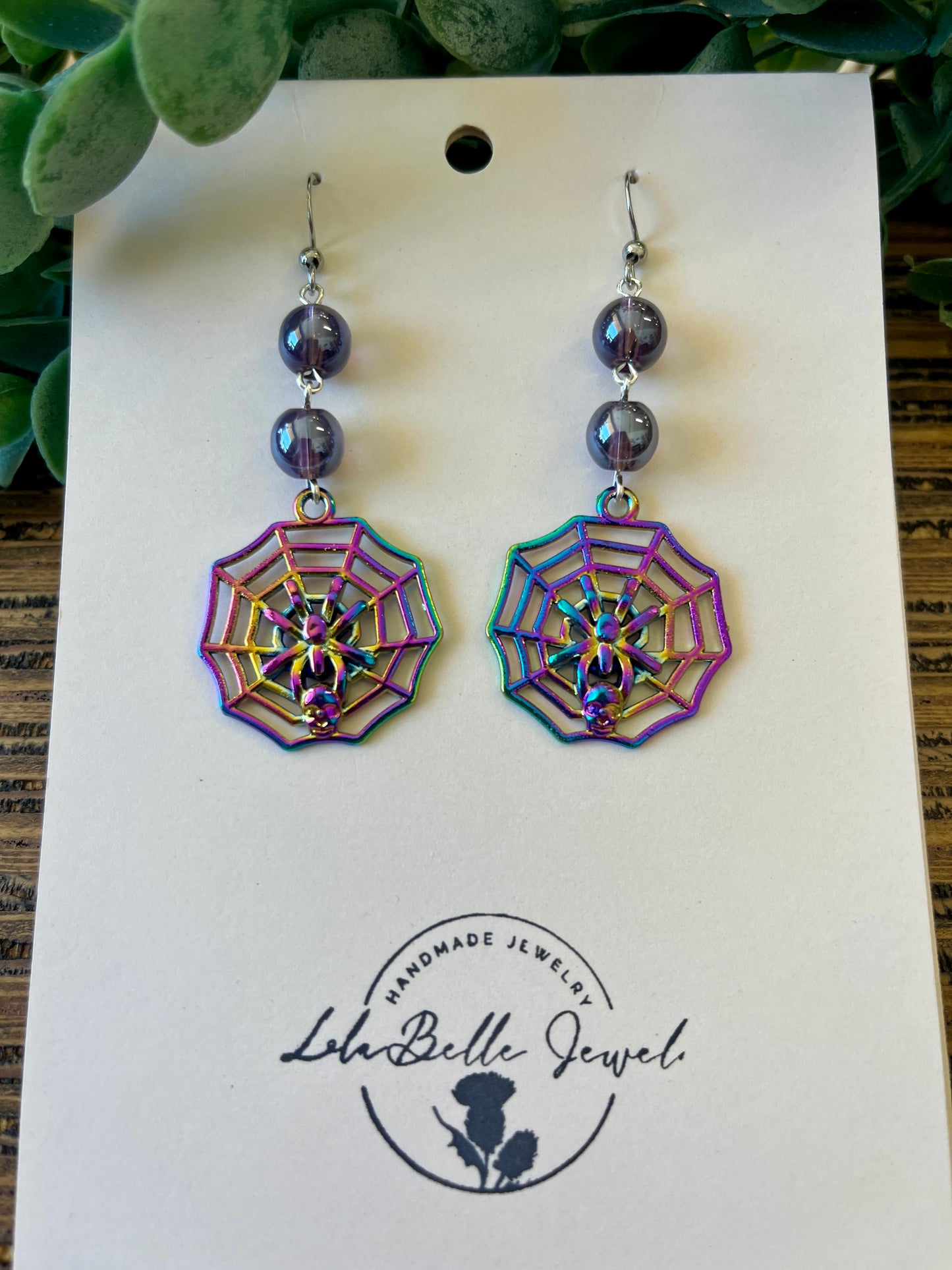 Iridescent Purple Spider Web Drop Earrings