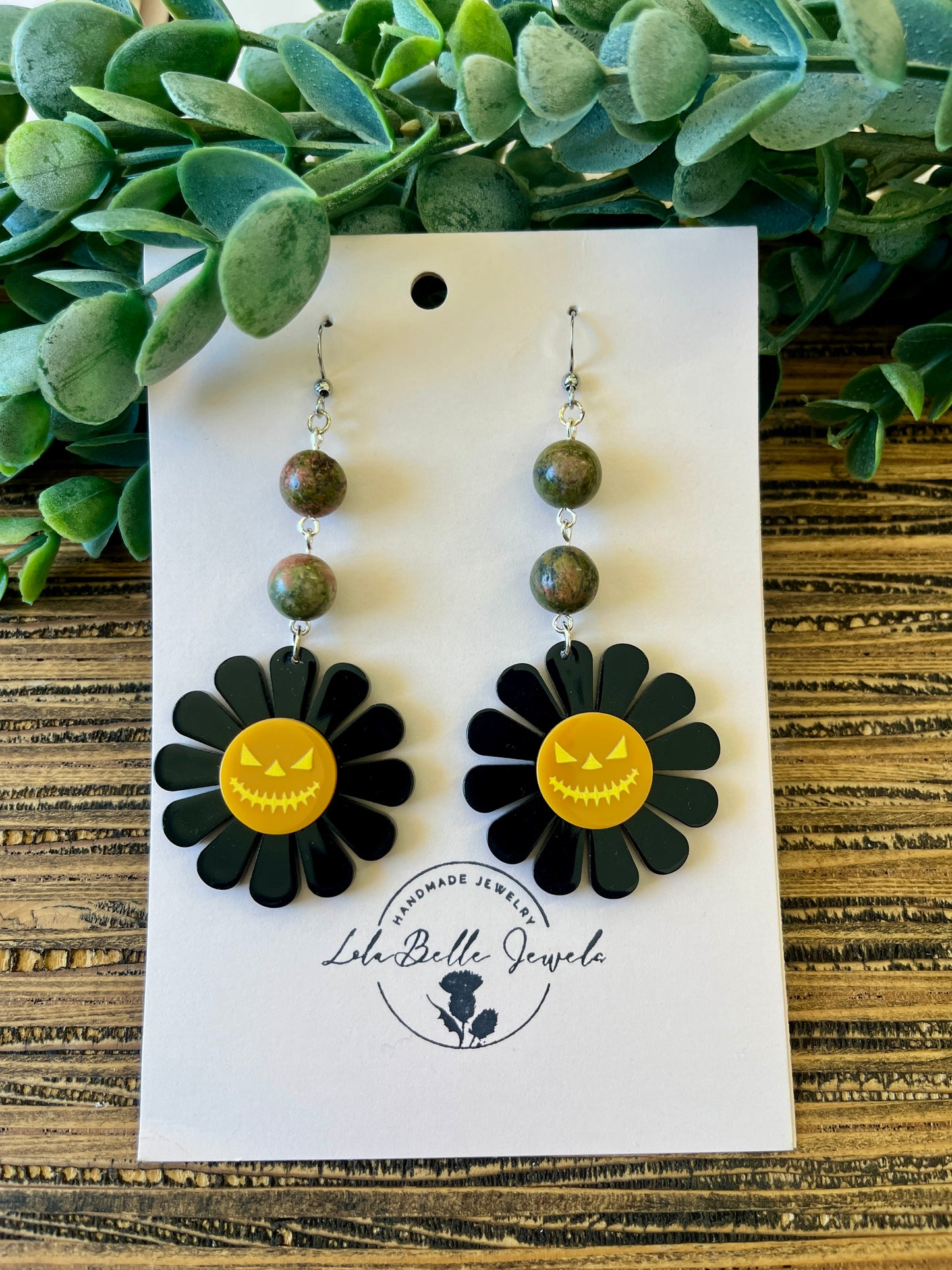 Acrylic Jack-o-Lantern Earrings, Green Stone Beads