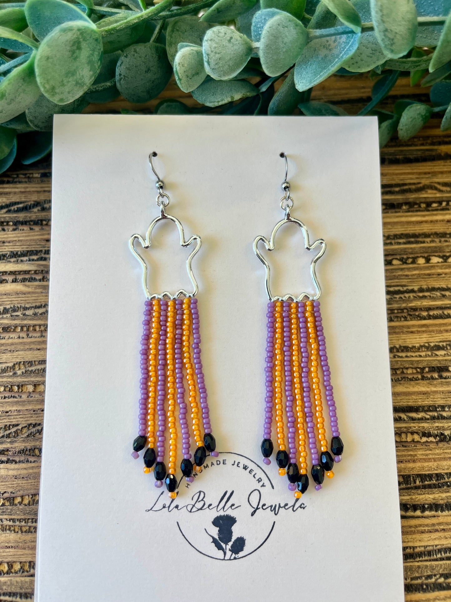 Halloween Ghost Fringe Earrings, Orange and Purple, Silver Ghosts