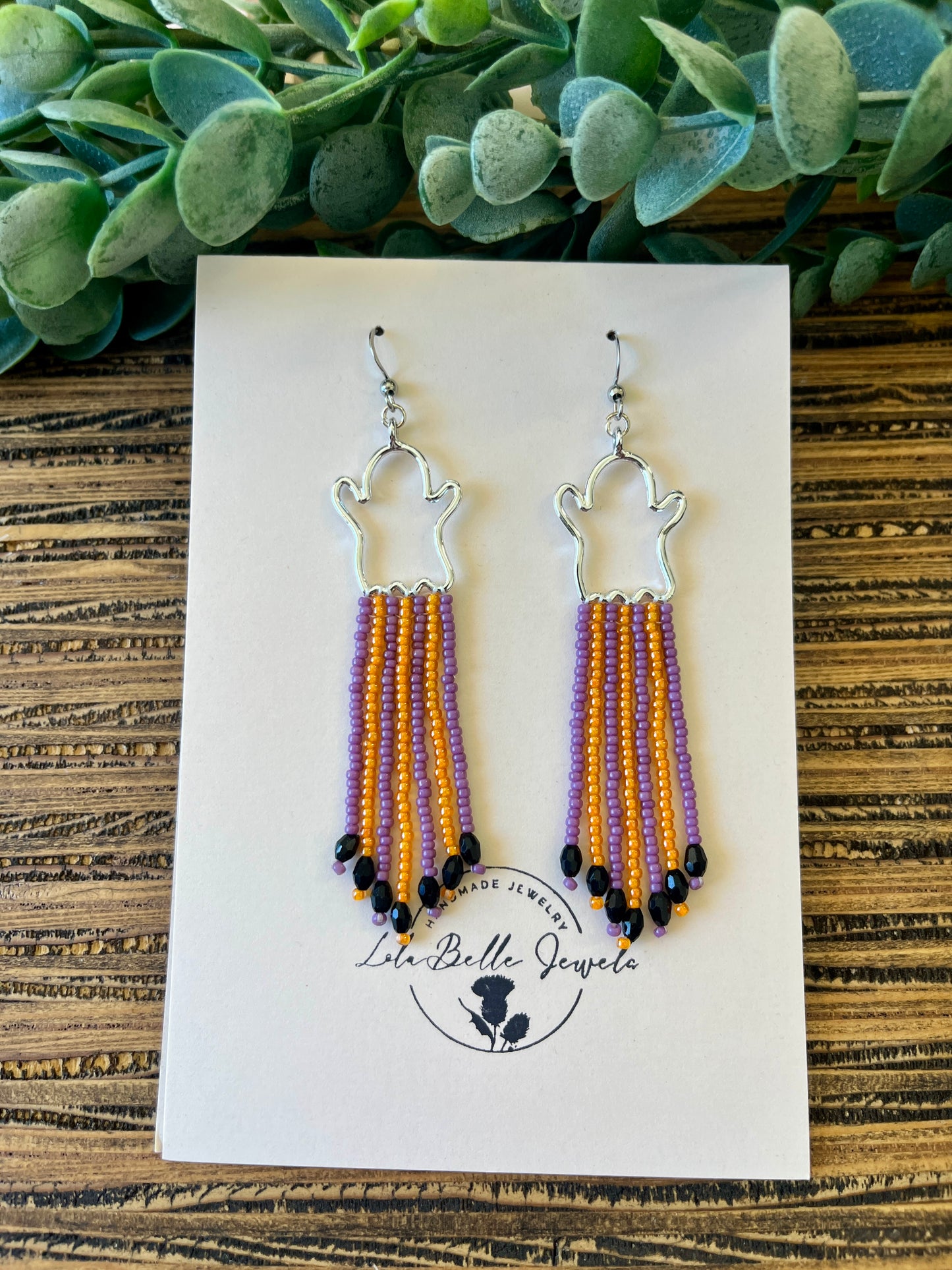 Halloween Ghost Fringe Earrings, Orange and Purple, Silver Ghosts