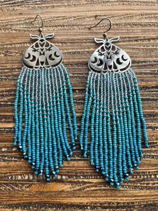 Blue Moth Ombre Long Fringe Earrings