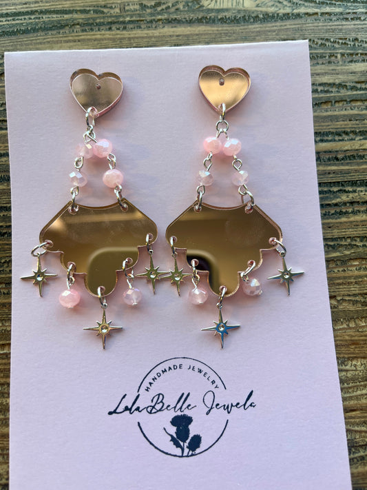 Pink Mirrored Sparkle Statement Drop Earrings