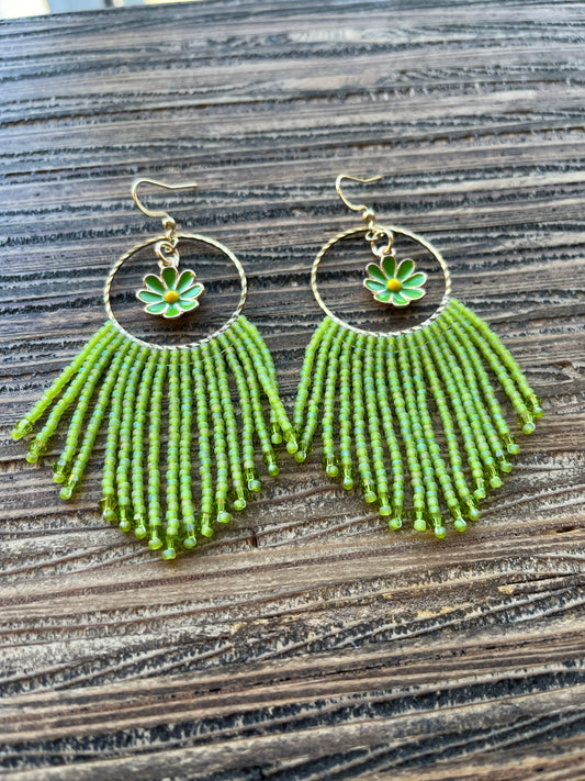 Green Flower Charm Hoop Fringe Earrings