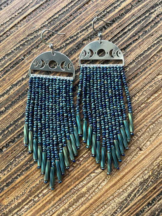 Blue Picasso Moon Phase Fringe Earrings