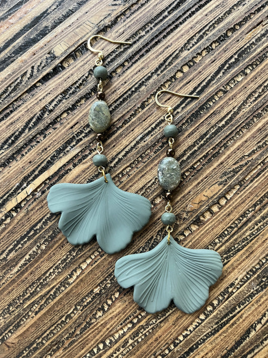 Olive Green Ginkgo Petal Drop Earrings