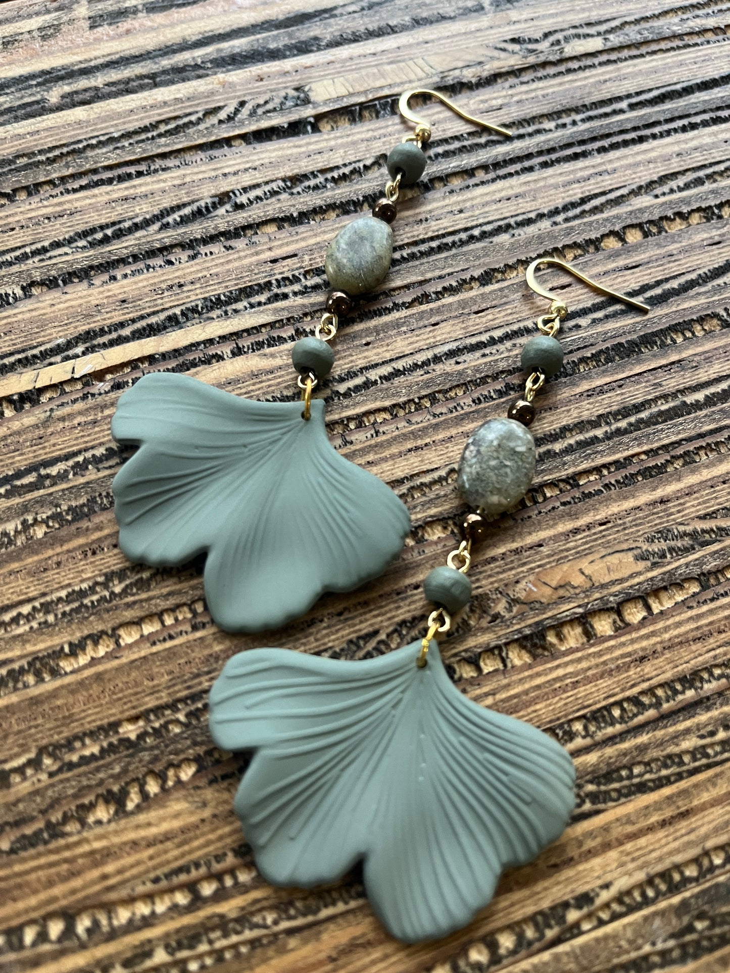 Olive Green Ginkgo Petal Drop Earrings