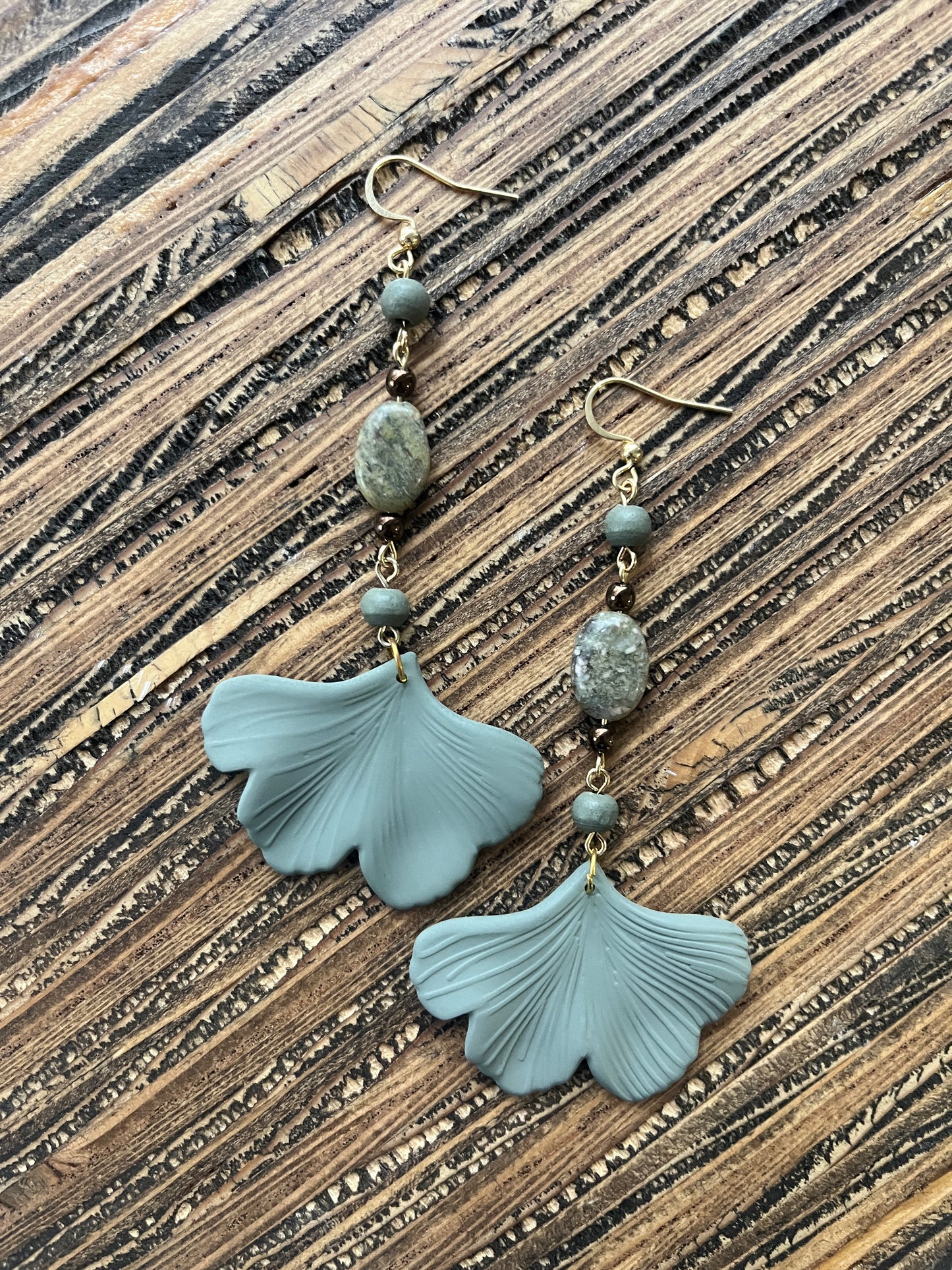 Olive Green Ginkgo Petal Drop Earrings