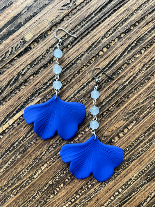 Blue with Blue Ginkgo Petal Drop Earrings