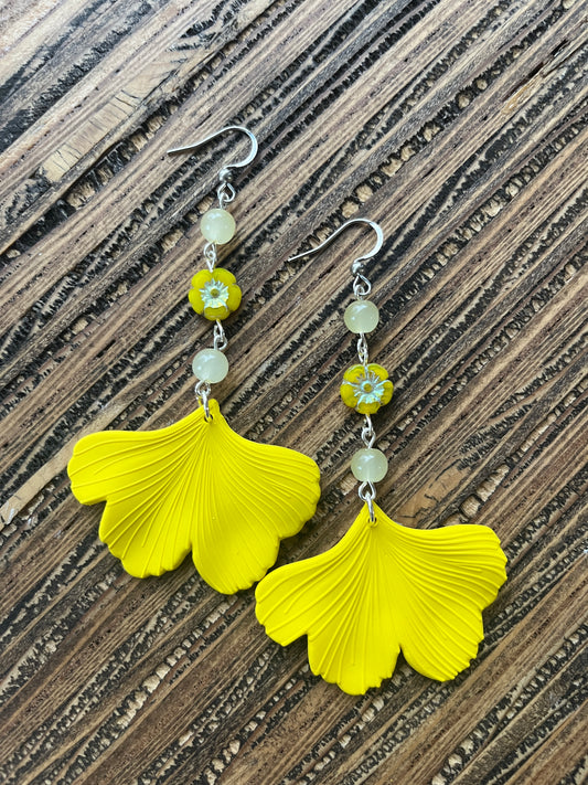 Yellow Drops with Flower Ginkgo Petal Drop Earrings