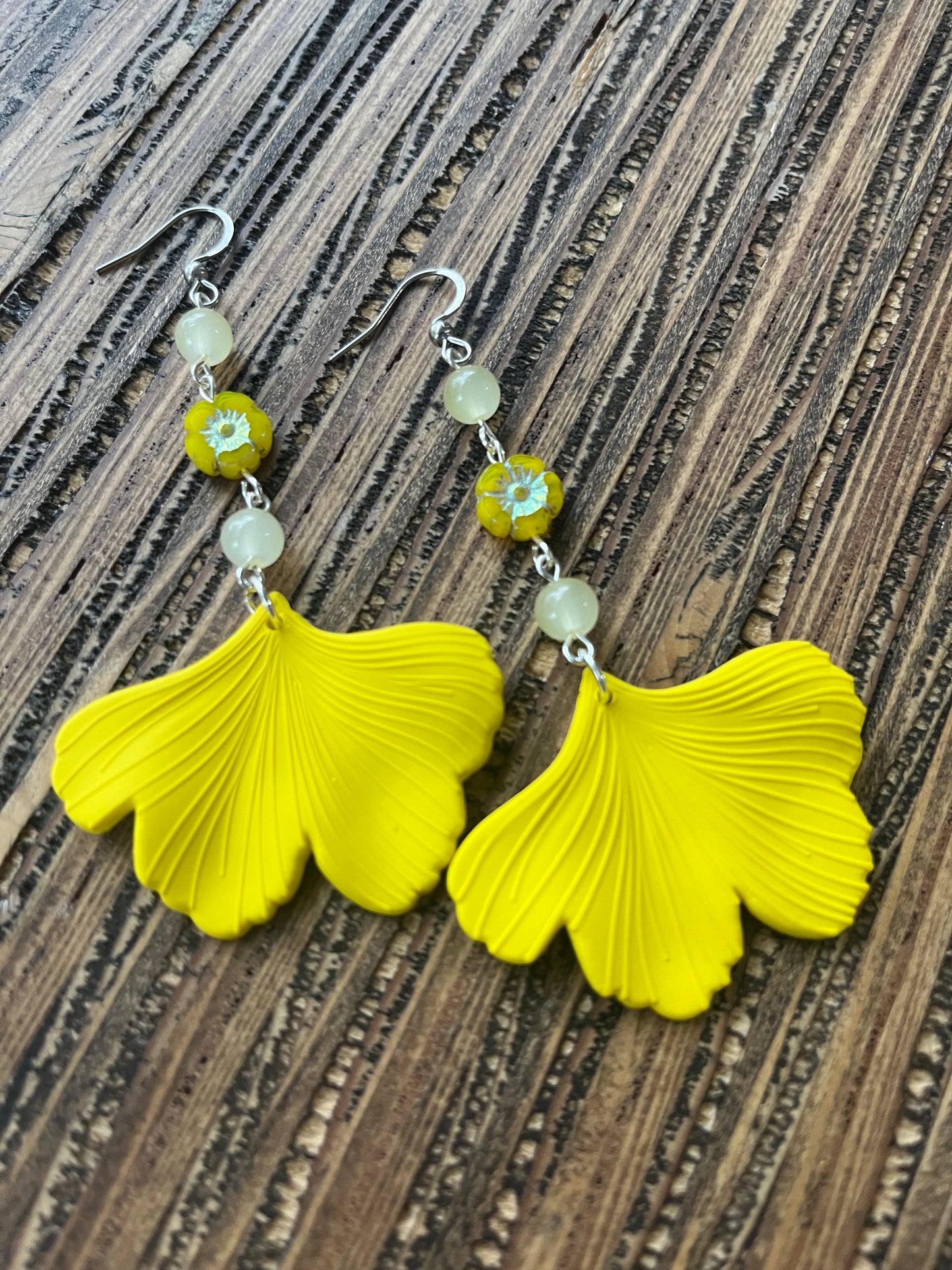 Yellow Drops with Flower Ginkgo Petal Drop Earrings