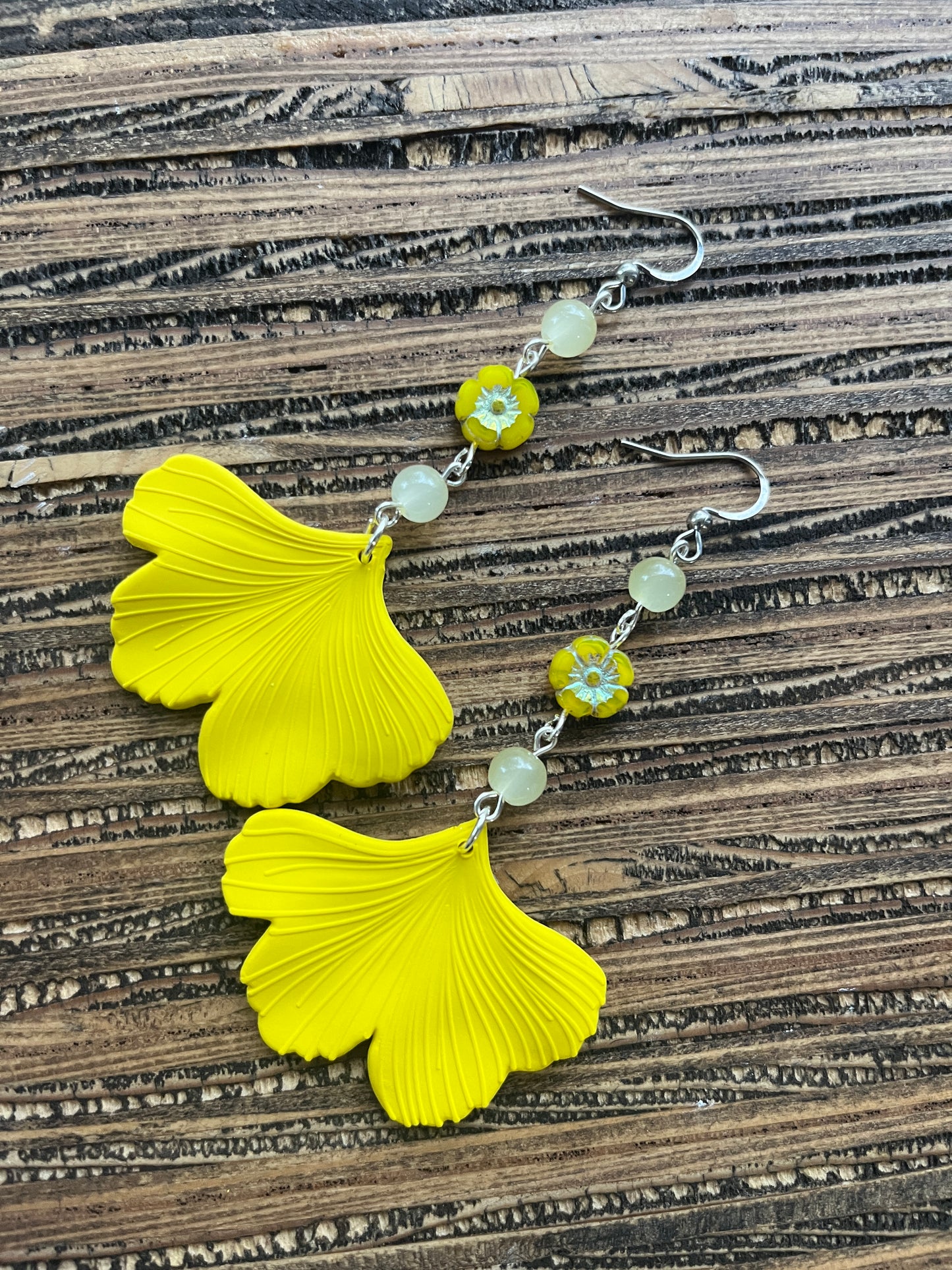 Yellow Drops with Flower Ginkgo Petal Drop Earrings