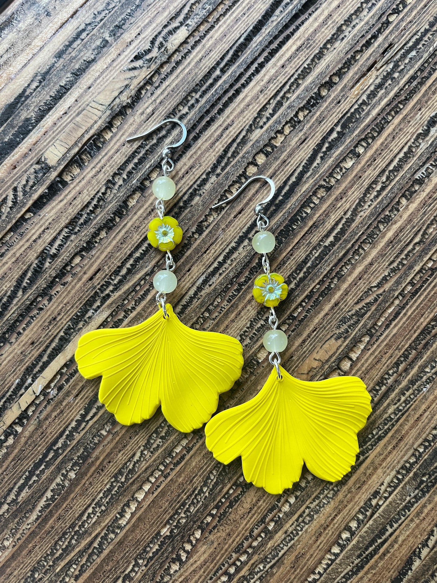Yellow Drops with Flower Ginkgo Petal Drop Earrings