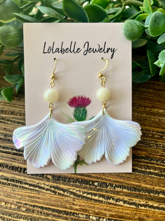 Iridescent White Short Ginkgo Petal Earrings