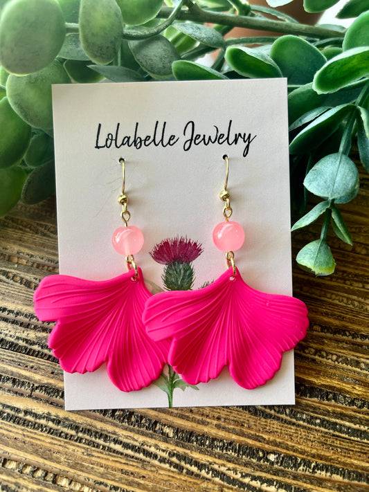 Bright Pink Short Ginkgo Earrings