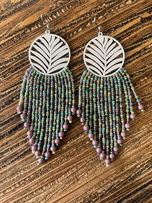 Palm Leaf White Long Fringe Earrings