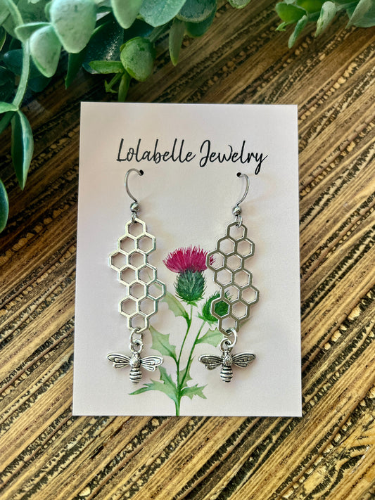 Silver Bee and Honey Comb Charm Earrings